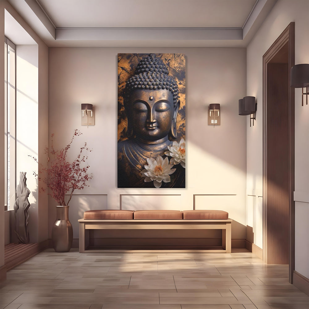 Tablou canvas cu tablou canvas cu buddha si flori de lotus, fara rama, pe sasiu de lemn